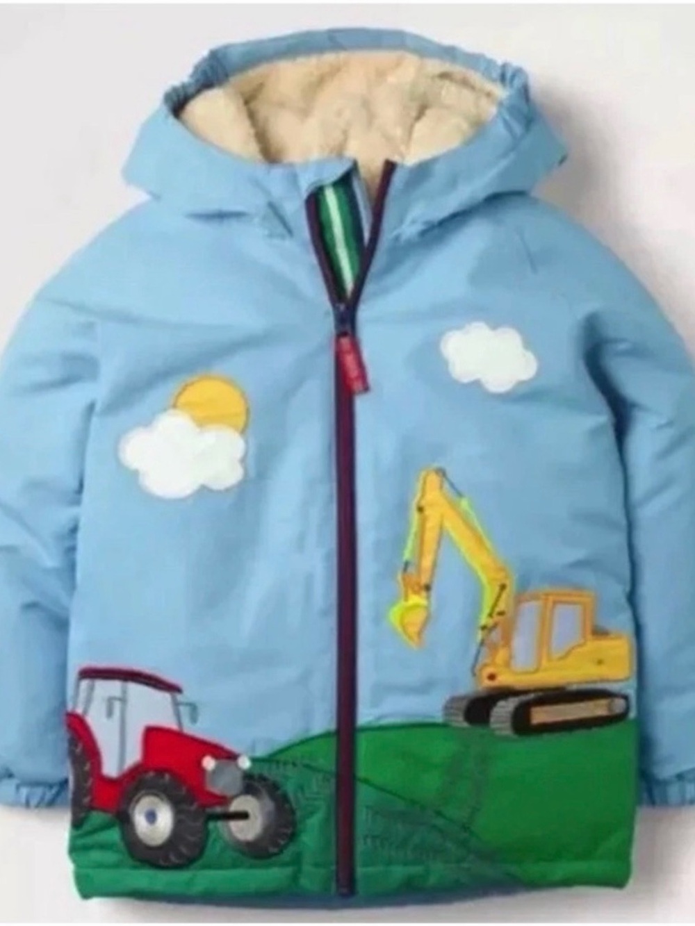 Mini Boden Kids Light Blue Construction Jacket with Tractor & Excavator Size 3-4